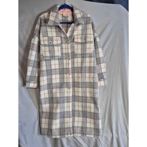 IF BY SEA Plaid Coat Womens Size S Cream Gray Pink Longline Shacket Jacket - Picture 1 of 4
